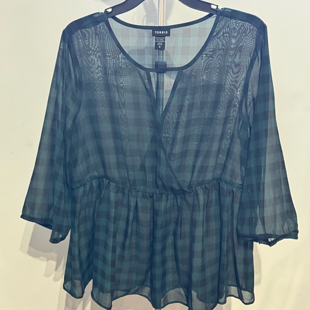 Torrid Black & Green Plaid Peplum Blouse – Size 0